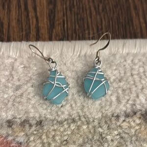Blue stone earrings with silver wrapped wiring